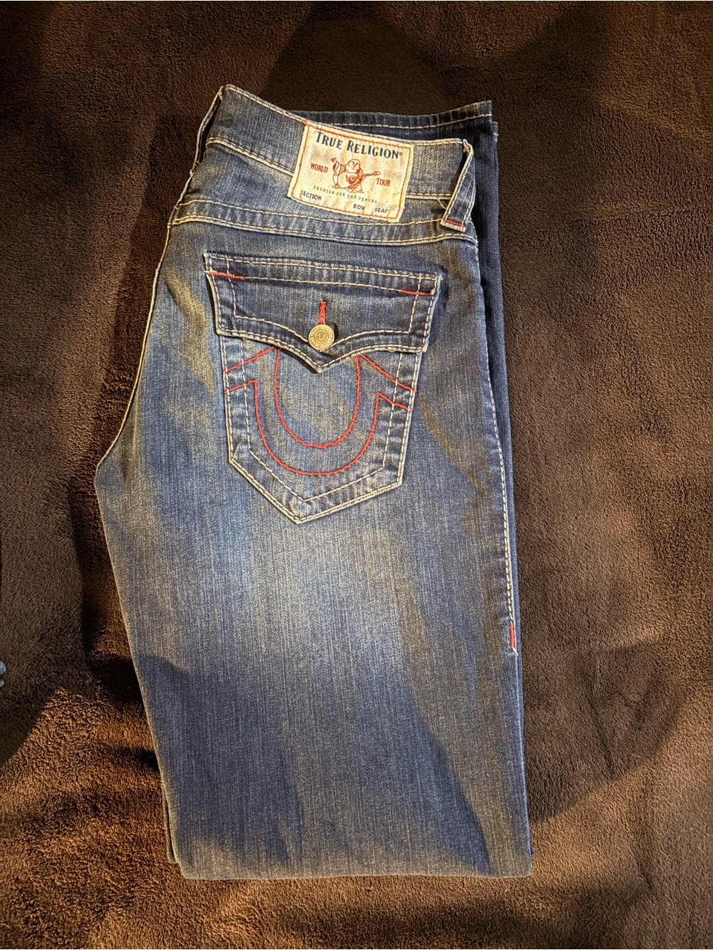 True Religion Men's Blue Denim Jeans with Red Stitching